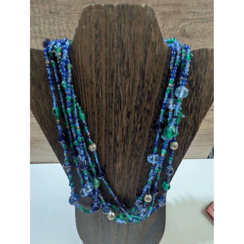 Multi Strand Blue Green Glass Bead Layered Necklace Silver Tone Accents 23 Inch